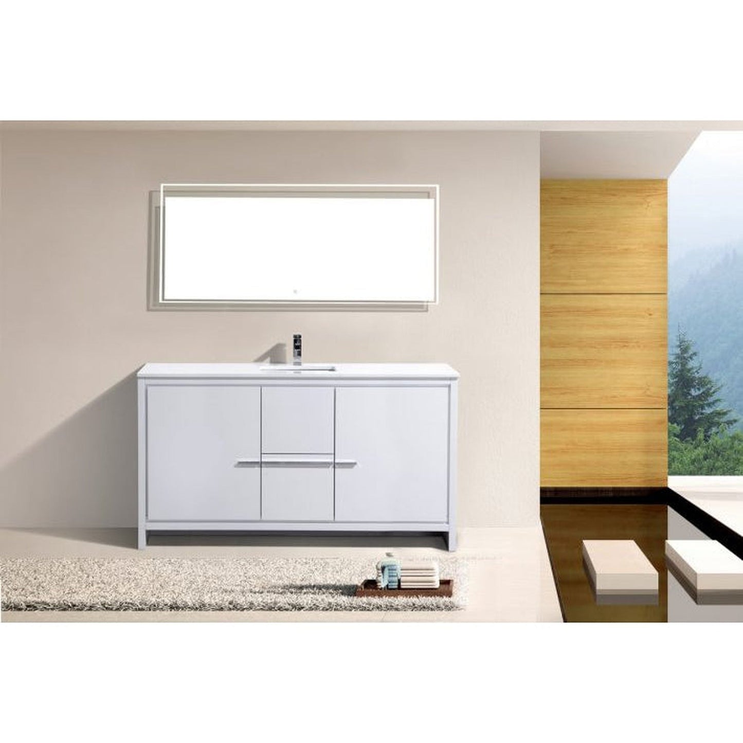 KubeBath Dolce 60" High Gloss White Freestanding Modern Bathroom Vanity With Quartz Vanity Top & Ceramic Sink With Overflow and 60" White Framed Mirror With Shelf