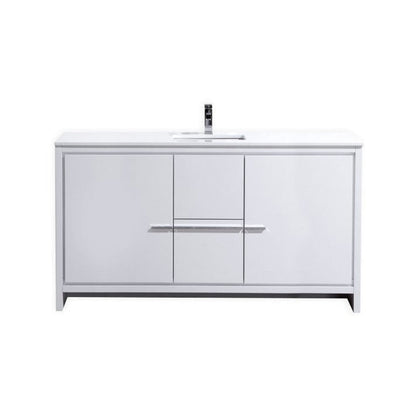 KubeBath Dolce 60" High Gloss White Freestanding Modern Bathroom Vanity With Quartz Vanity Top & Ceramic Sink With Overflow and 60" White Framed Mirror With Shelf