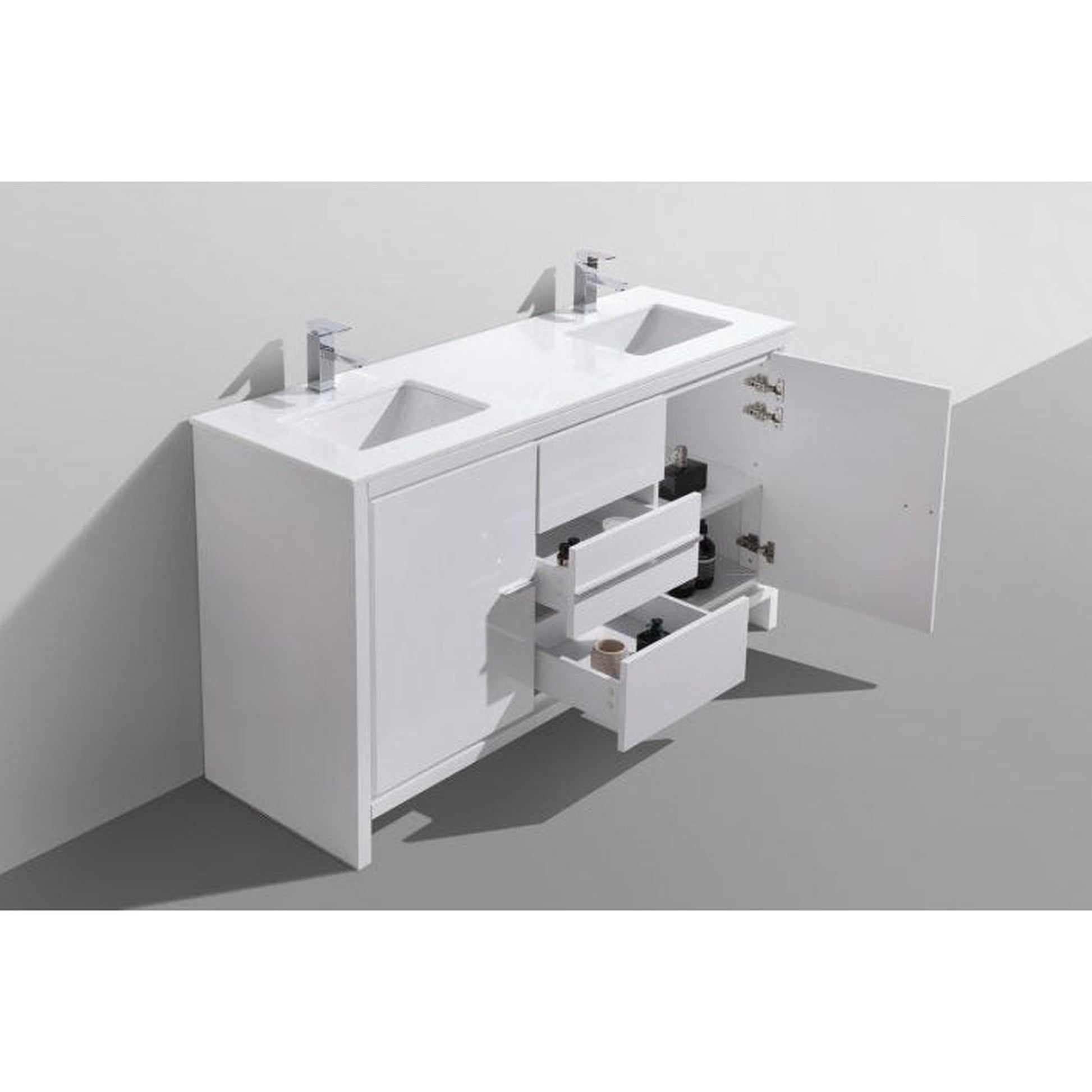 KubeBath Dolce 60" High Gloss White Freestanding Modern Bathroom Vanity With Vanity Top & Ceramic Double Sink With Overflow and 60" White Framed Mirror With Shelf