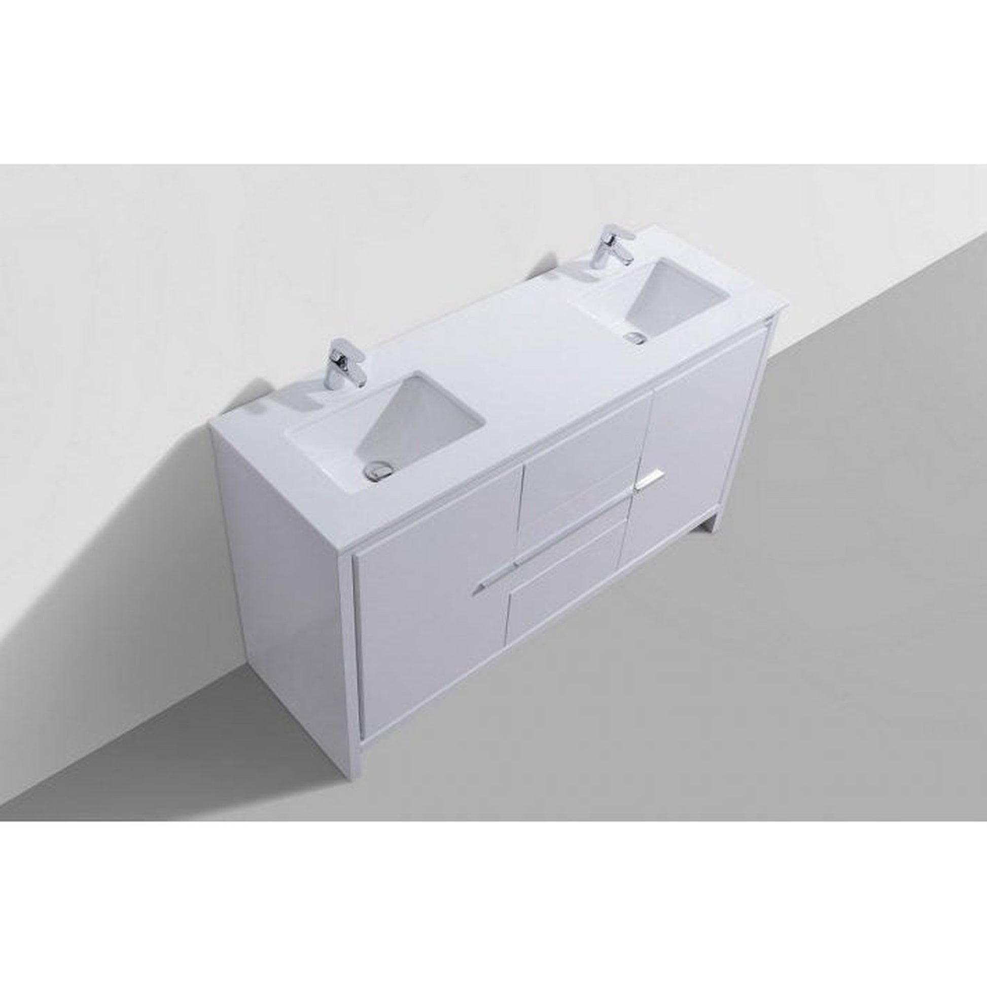 KubeBath Dolce 60" High Gloss White Freestanding Modern Bathroom Vanity With Vanity Top & Ceramic Double Sink With Overflow and 60" White Framed Mirror With Shelf