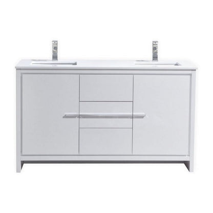 KubeBath Dolce 60" High Gloss White Freestanding Modern Bathroom Vanity With Vanity Top & Ceramic Double Sink With Overflow and 60" White Framed Mirror With Shelf
