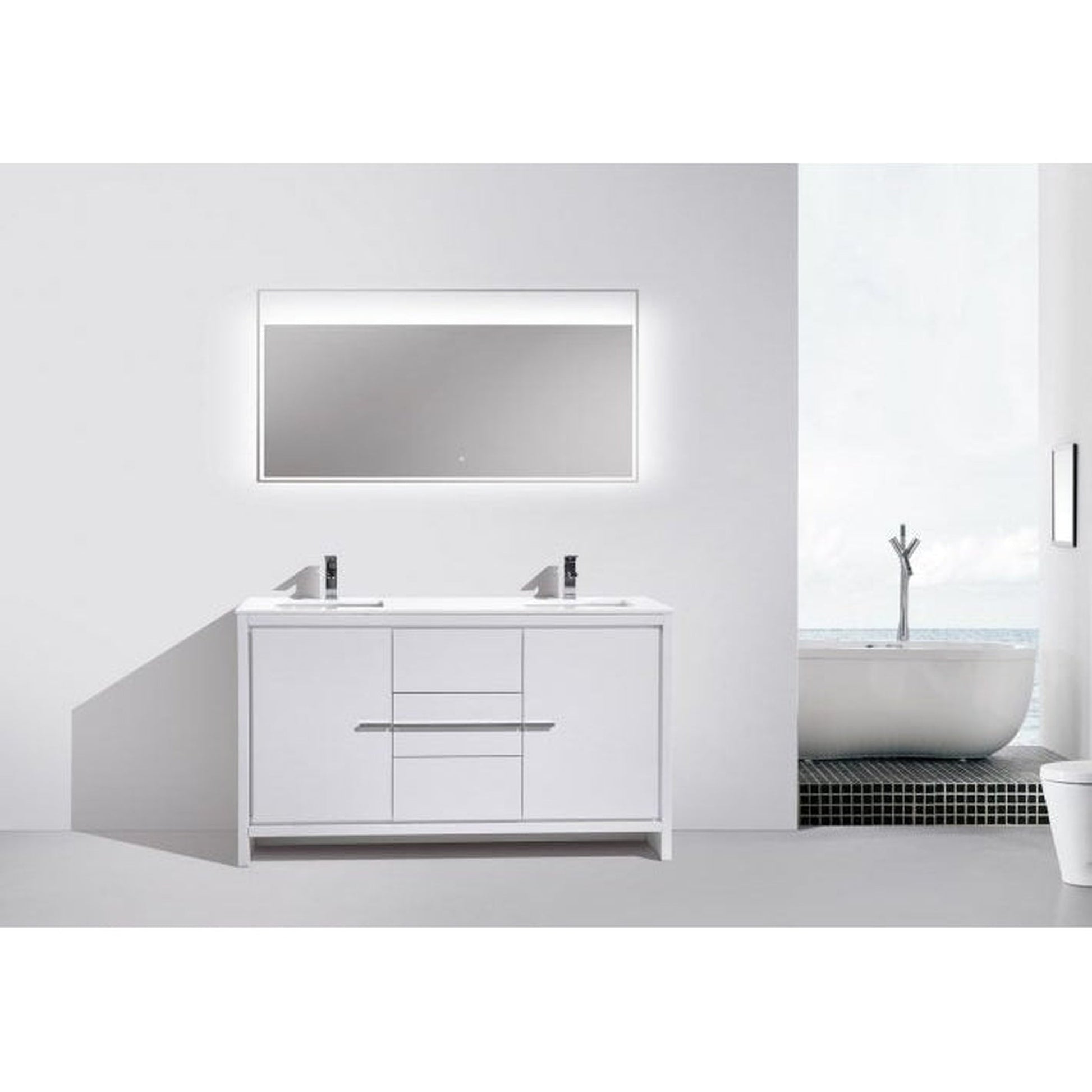 KubeBath Dolce 60" High Gloss White Freestanding Modern Bathroom Vanity With Vanity Top Vanity Top & Ceramic Double Sink With Overflow