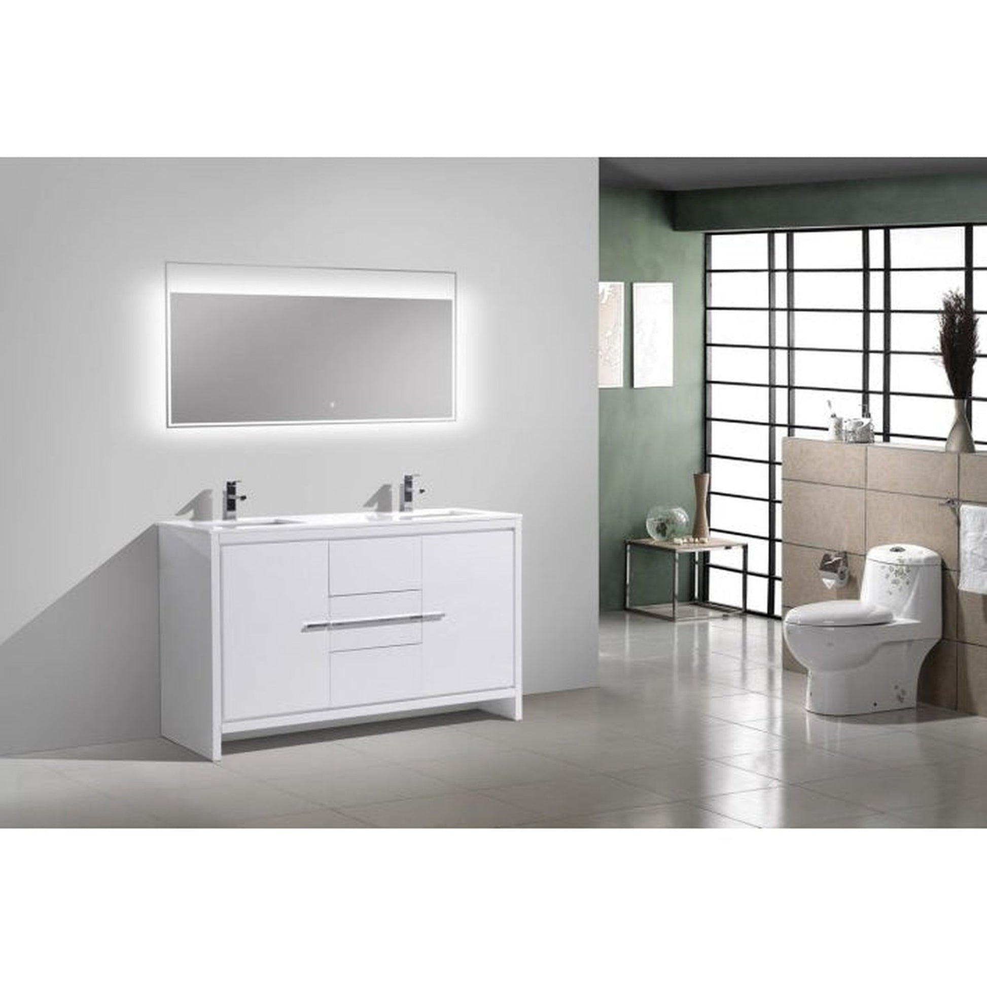 KubeBath Dolce 60" High Gloss White Freestanding Modern Bathroom Vanity With Vanity Top Vanity Top & Ceramic Double Sink With Overflow