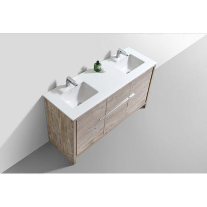 KubeBath Dolce 60" Nature Wood Freestanding Modern Bathroom Vanity With Quartz Vanity Top & Ceramic Double Sink With Overflow