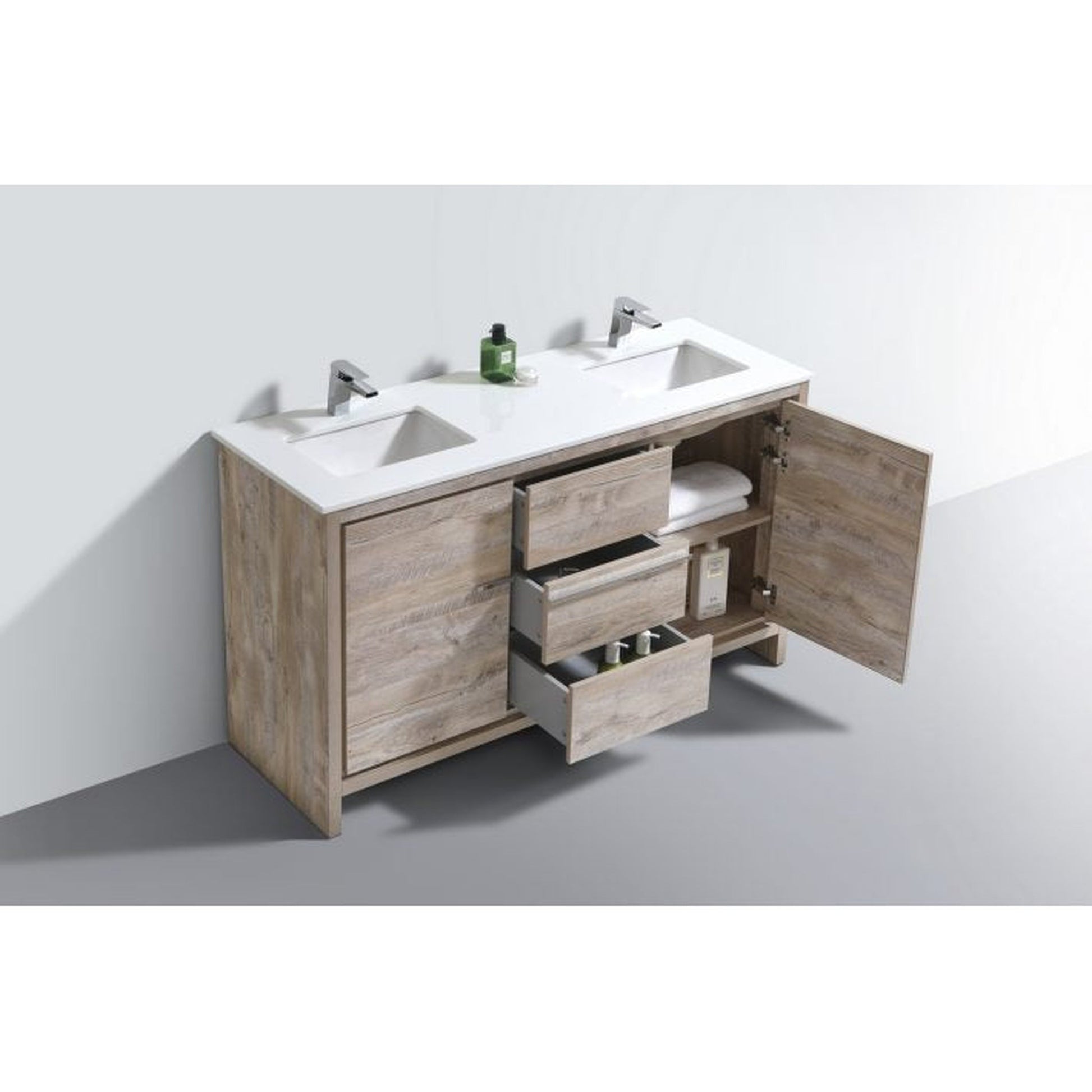 KubeBath Dolce 60" Nature Wood Freestanding Modern Bathroom Vanity With Quartz Vanity Top & Ceramic Double Sink With Overflow