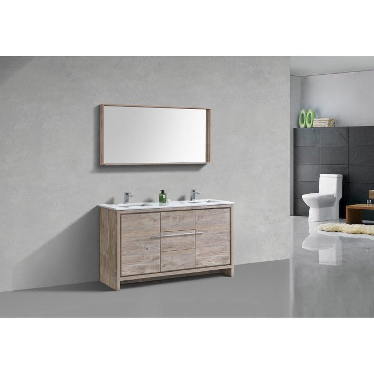 KubeBath Dolce 60" Nature Wood Freestanding Modern Bathroom Vanity With Quartz Vanity Top & Ceramic Double Sink With Overflow and 60" Wood Framed Mirror With Shelf