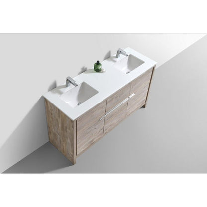KubeBath Dolce 60" Nature Wood Freestanding Modern Bathroom Vanity With Quartz Vanity Top & Ceramic Double Sink With Overflow and 60" Wood Framed Mirror With Shelf