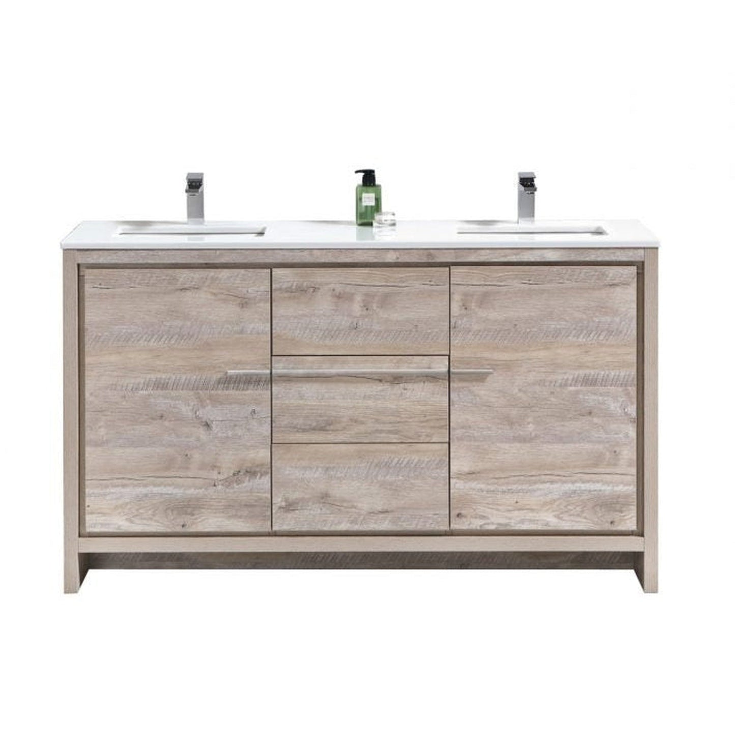 KubeBath Dolce 60" Nature Wood Freestanding Modern Bathroom Vanity With Quartz Vanity Top & Ceramic Double Sink With Overflow and 60" Wood Framed Mirror With Shelf