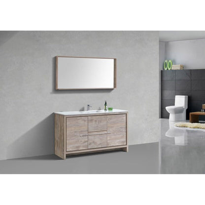 KubeBath Dolce 60" Nature Wood Freestanding Modern Bathroom Vanity With Quartz Vanity Top & Ceramic Sink With Overflow and 60" Wood Framed Mirror With Shelf
