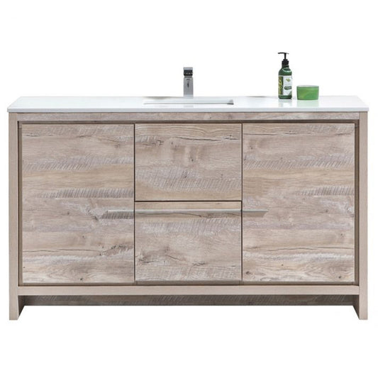 KubeBath Dolce 60" Nature Wood Freestanding Modern Bathroom Vanity With Quartz Vanity Top & Ceramic Sink With Overflow and 60" Wood Framed Mirror With Shelf