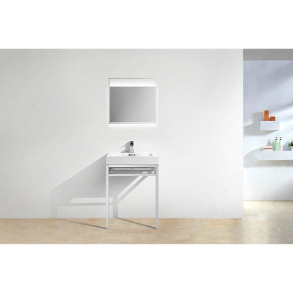 KubeBath Haus 24" White Acrylic Sink With Chrome Finish Stainless Steel Console And 24" White Framed Mirror With Shelf