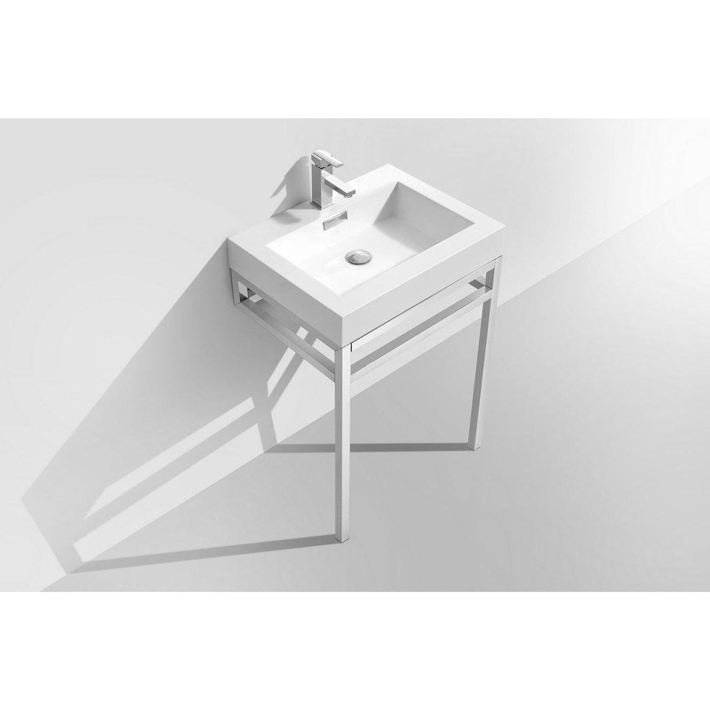 KubeBath Haus 24" White Acrylic Sink With Chrome Finish Stainless Steel Console And 24" White Framed Mirror With Shelf