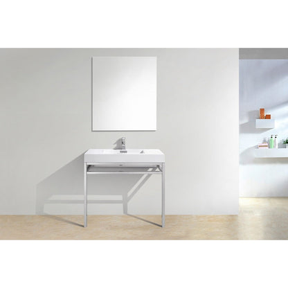 KubeBath Haus 36" White Acrylic Sink With Chrome Finish Stainless Steel Console And 36" White Framed Mirror With Shelf