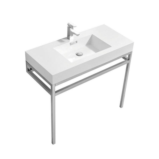 KubeBath Haus 36" White Acrylic Sink With Chrome Finish Stainless Steel Console And 36" White Framed Mirror With Shelf