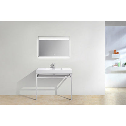 KubeBath Haus 40" White Acrylic Sink With Chrome Finish Stainless Steel Console And 36" White Framed Mirror With Shelf