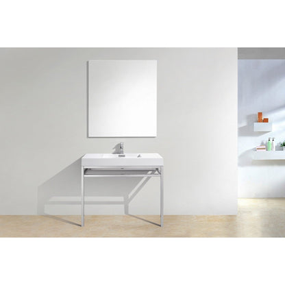 KubeBath Haus 40" White Acrylic Sink With Chrome Finish Stainless Steel Console And 36" White Framed Mirror With Shelf