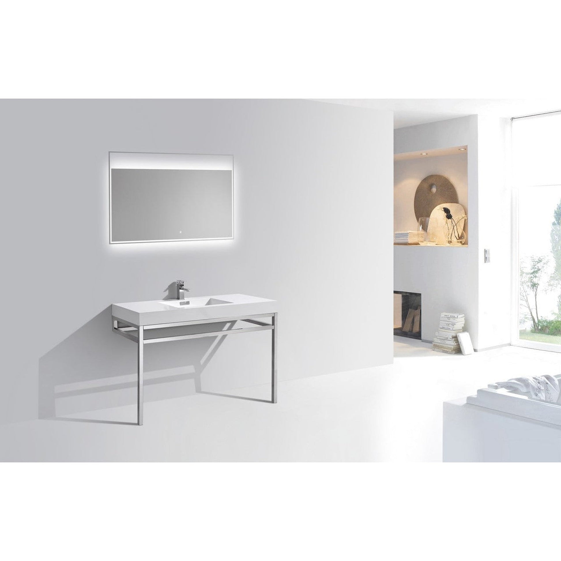 KubeBath Haus 48" White Acrylic Sink With Chrome Finish Stainless Steel Console And 48" White Framed Mirror With Shelf