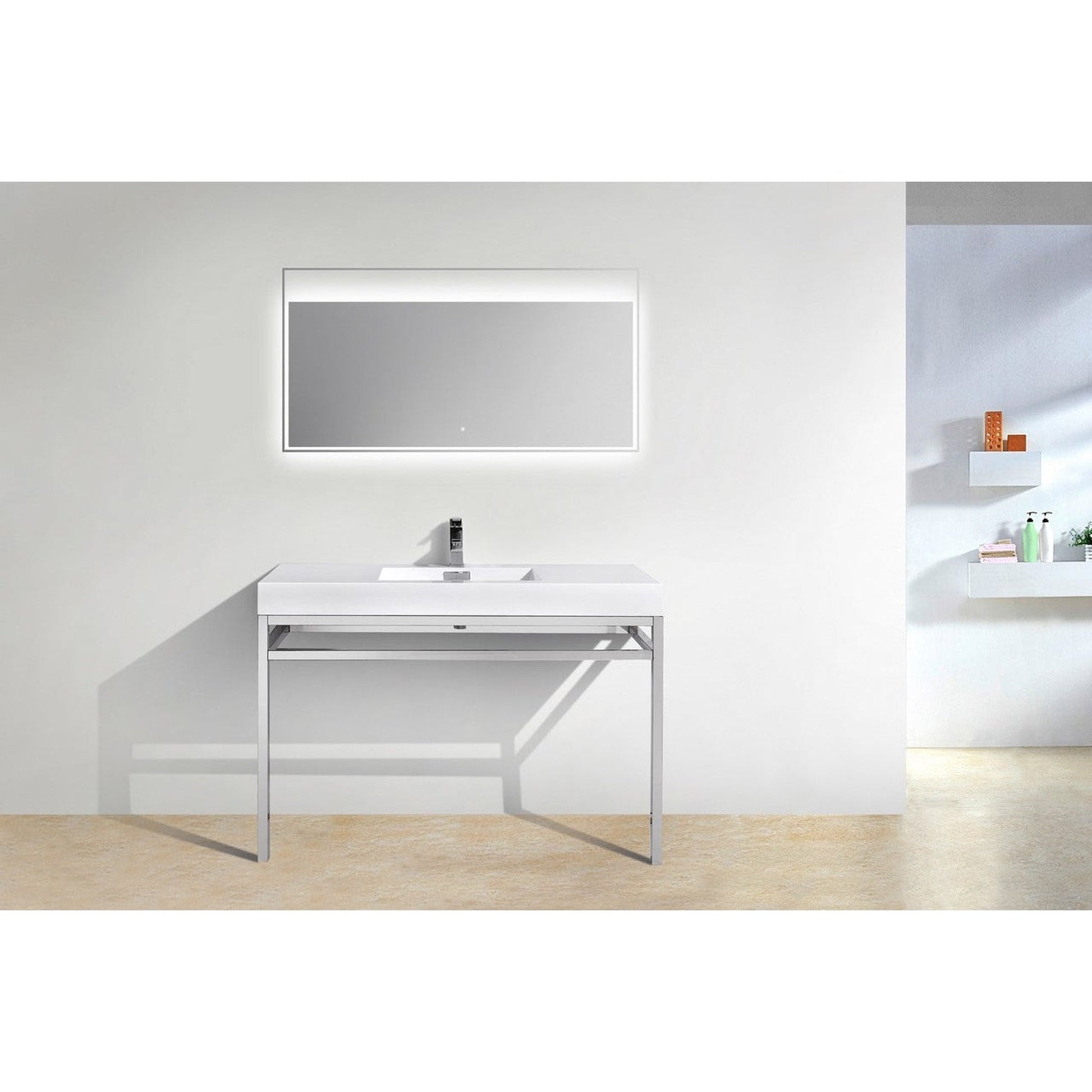 KubeBath Haus 48" White Acrylic Sink With Chrome Finish Stainless Steel Console And 48" White Framed Mirror With Shelf