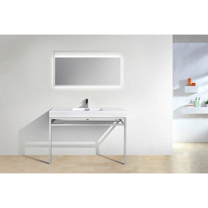 KubeBath Haus 48" White Acrylic Sink With Chrome Finish Stainless Steel Console And 48" White Framed Mirror With Shelf