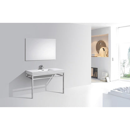 KubeBath Haus 48" White Acrylic Sink With Chrome Finish Stainless Steel Console And 48" White Framed Mirror With Shelf