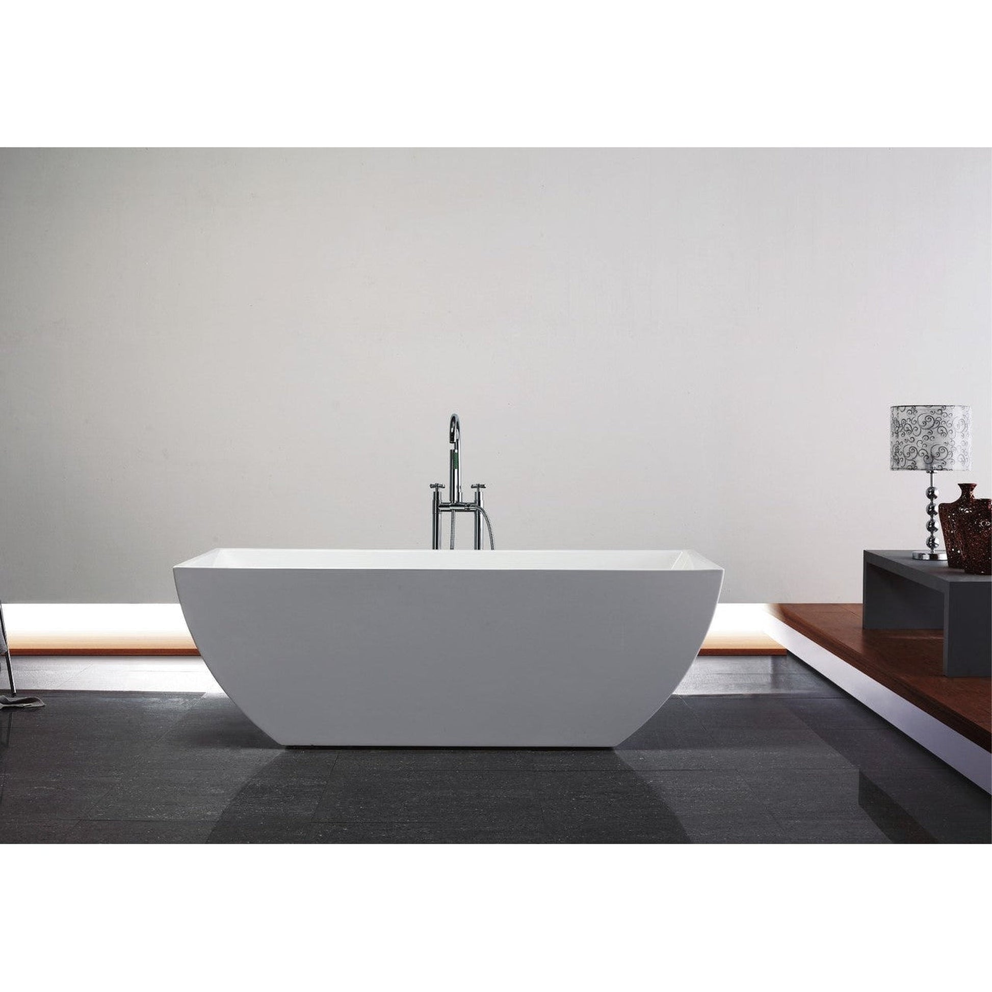 KubeBath Kube Contemporanea 67" White Acrylic Freestanding Bathtub With Slim Rectangular Overflow and Brass Pop-Up Drain