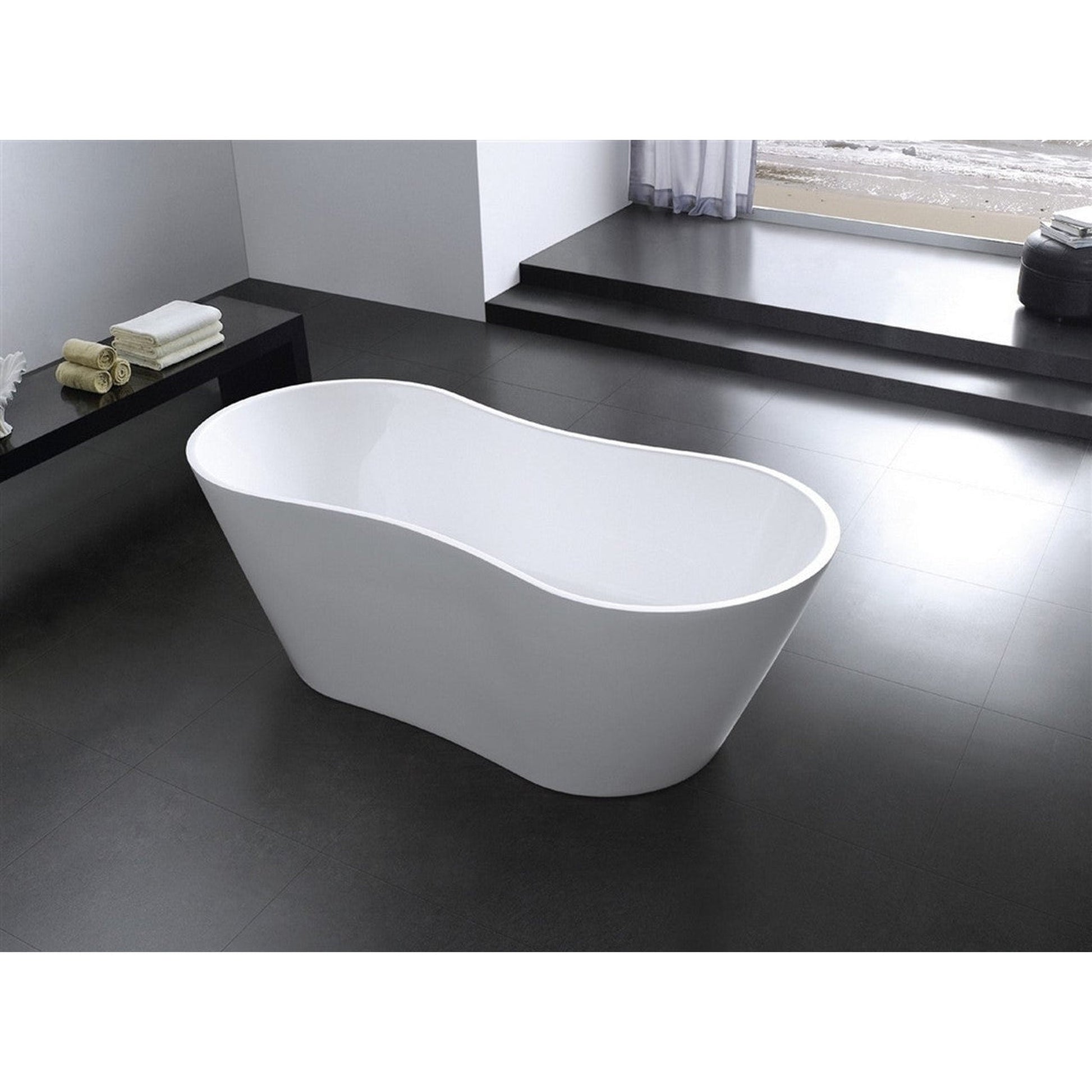 KubeBath Kube Onde 66" White Acrylic Freestanding Bathtub With Slim Rectangular Overflow and Brass Pop-Up Drain