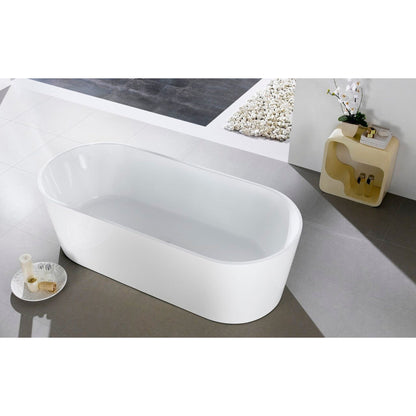 KubeBath Kube Ovale 67" White Acrylic Freestanding Bathtub With Slim Rectangular Overflow and Brass Pop-Up Drain
