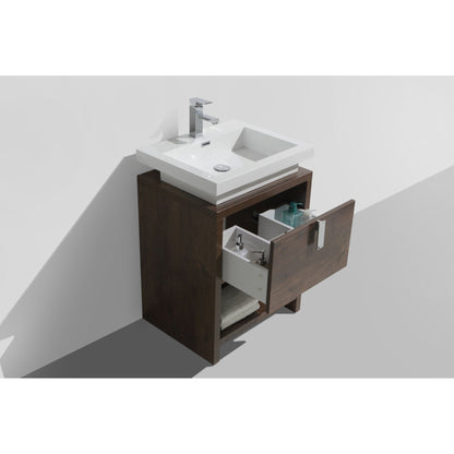 KubeBath Levi 24" Rose Wood Freestanding Bathroom Vanity With Cubby Hole & Reinforced Acrylic Composite Sink With Rectangular Chrome Overflow