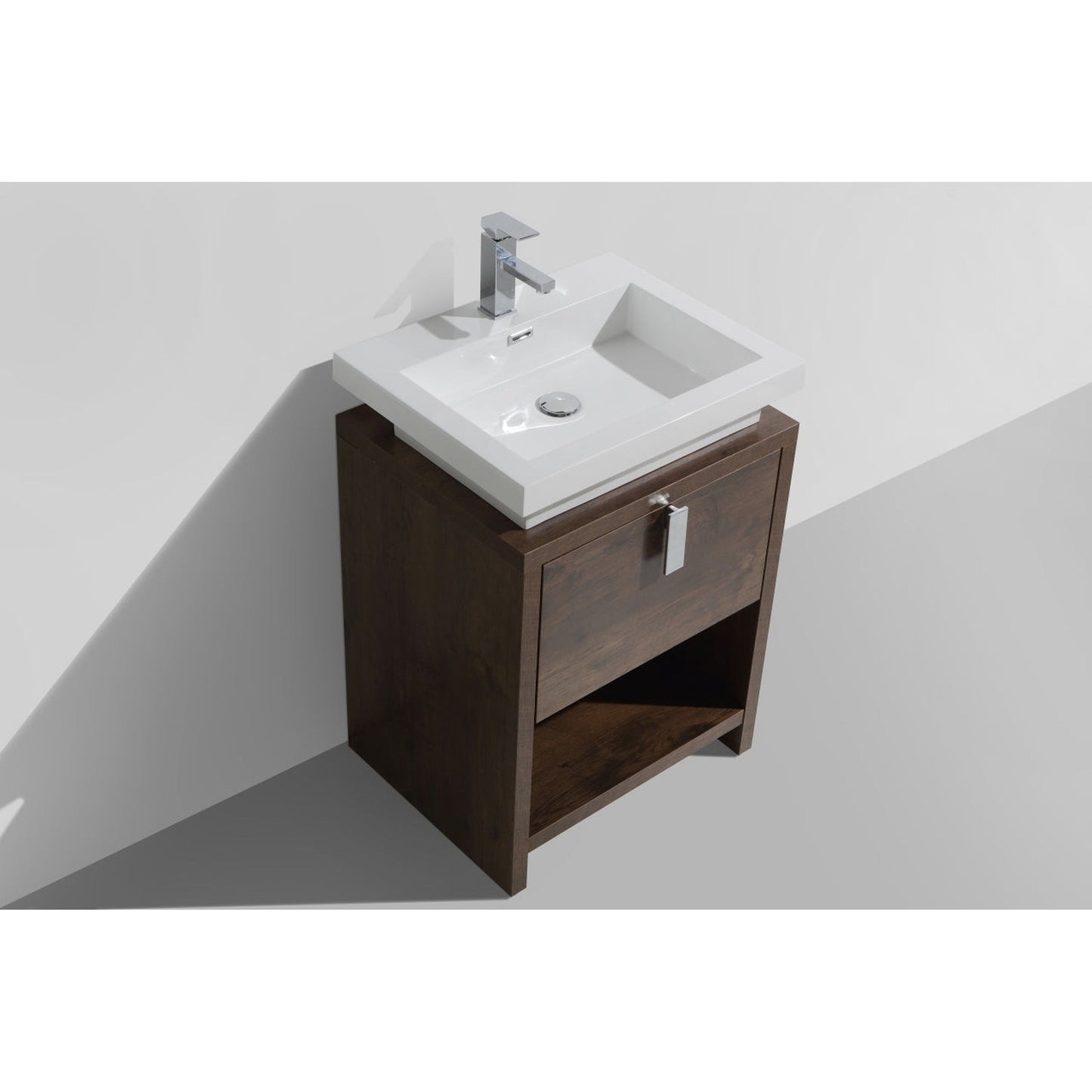 KubeBath Levi 24" Rose Wood Freestanding Bathroom Vanity With Cubby Hole & Reinforced Acrylic Composite Sink With Rectangular Chrome Overflow