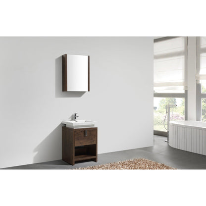 KubeBath Levi 24" Rose Wood Freestanding Bathroom Vanity With Cubby Hole & Reinforced Acrylic Composite Sink With Rectangular Chrome Overflow and 24" White Framed Mirror With Shelf
