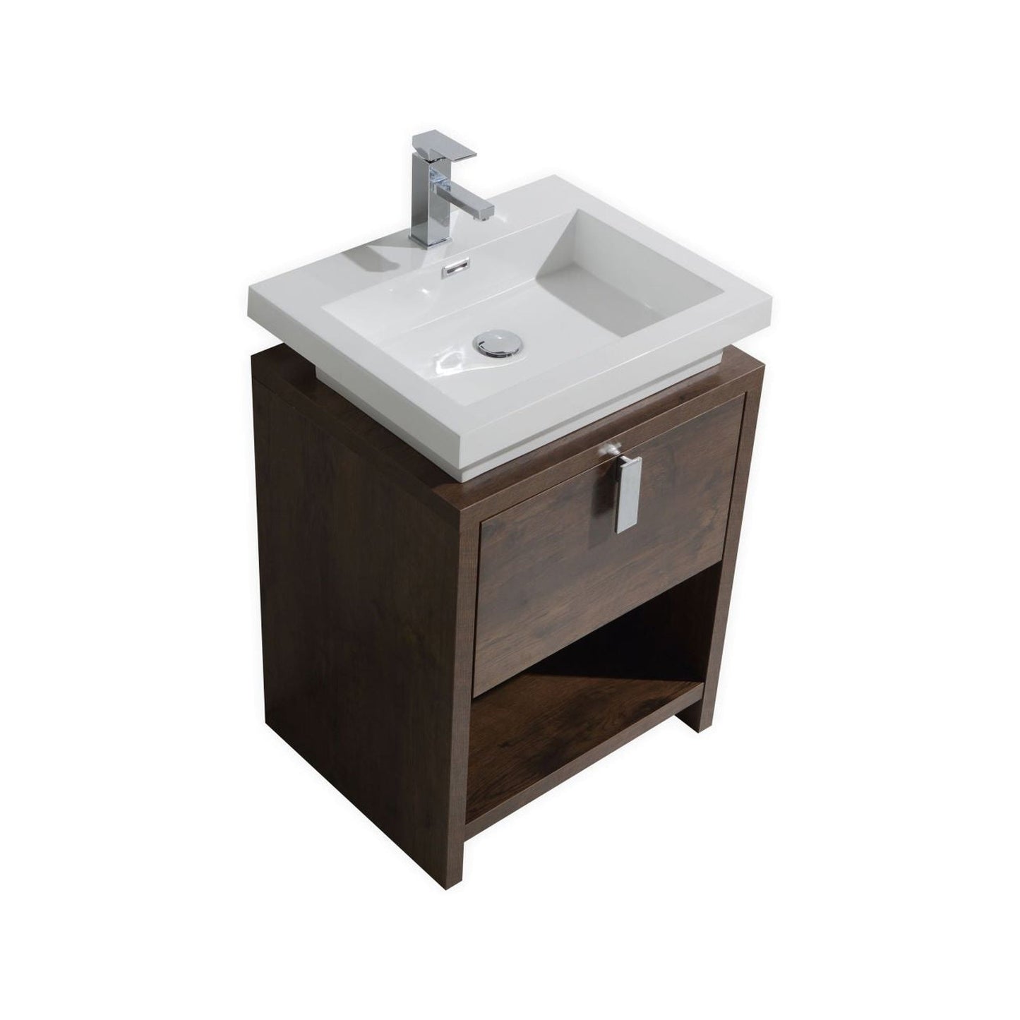 KubeBath Levi 24" Rose Wood Freestanding Bathroom Vanity With Cubby Hole & Reinforced Acrylic Composite Sink With Rectangular Chrome Overflow