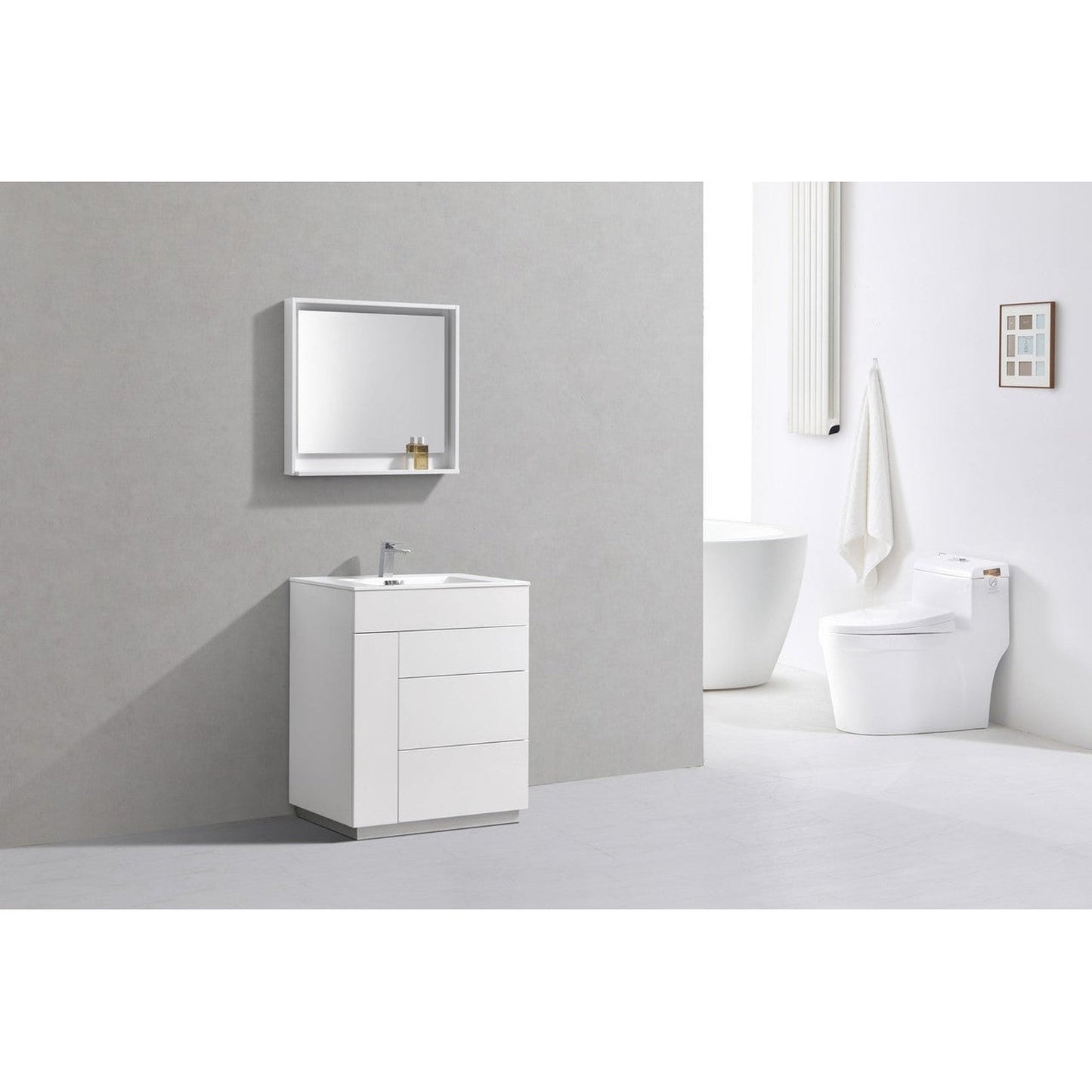 KubeBath Milano 30" High Gloss White Freestanding Modern Bathroom Vanity With Aluminum Kick Plate & Acrylic Composite Integrated Sink With Overflow