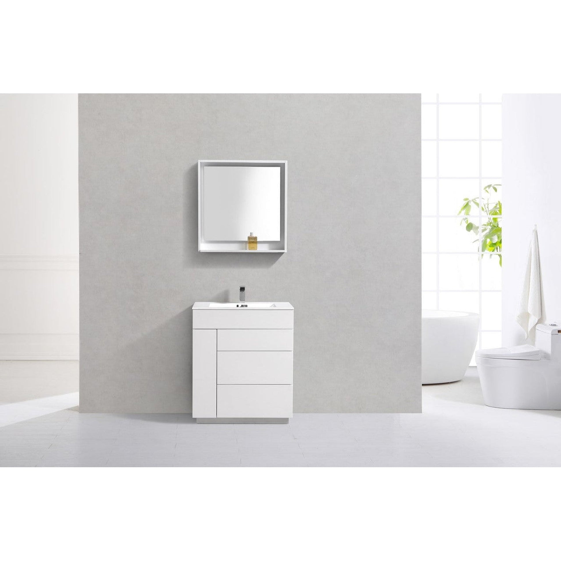 KubeBath Milano 30" High Gloss White Freestanding Modern Bathroom Vanity With Aluminum Kick Plate & Acrylic Composite Integrated Sink With Overflow