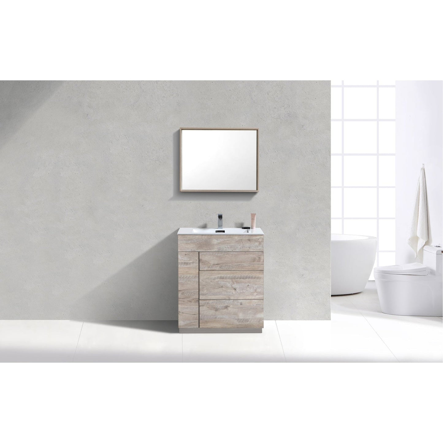 KubeBath Milano 30" Nature Wood Freestanding Modern Bathroom Vanity With Aluminum Kick Plate & Acrylic Composite Integrated Sink With Overflow