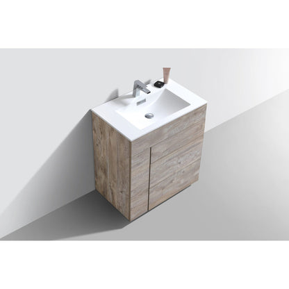 KubeBath Milano 30" Nature Wood Freestanding Modern Bathroom Vanity With Aluminum Kick Plate & Acrylic Composite Integrated Sink With Overflow