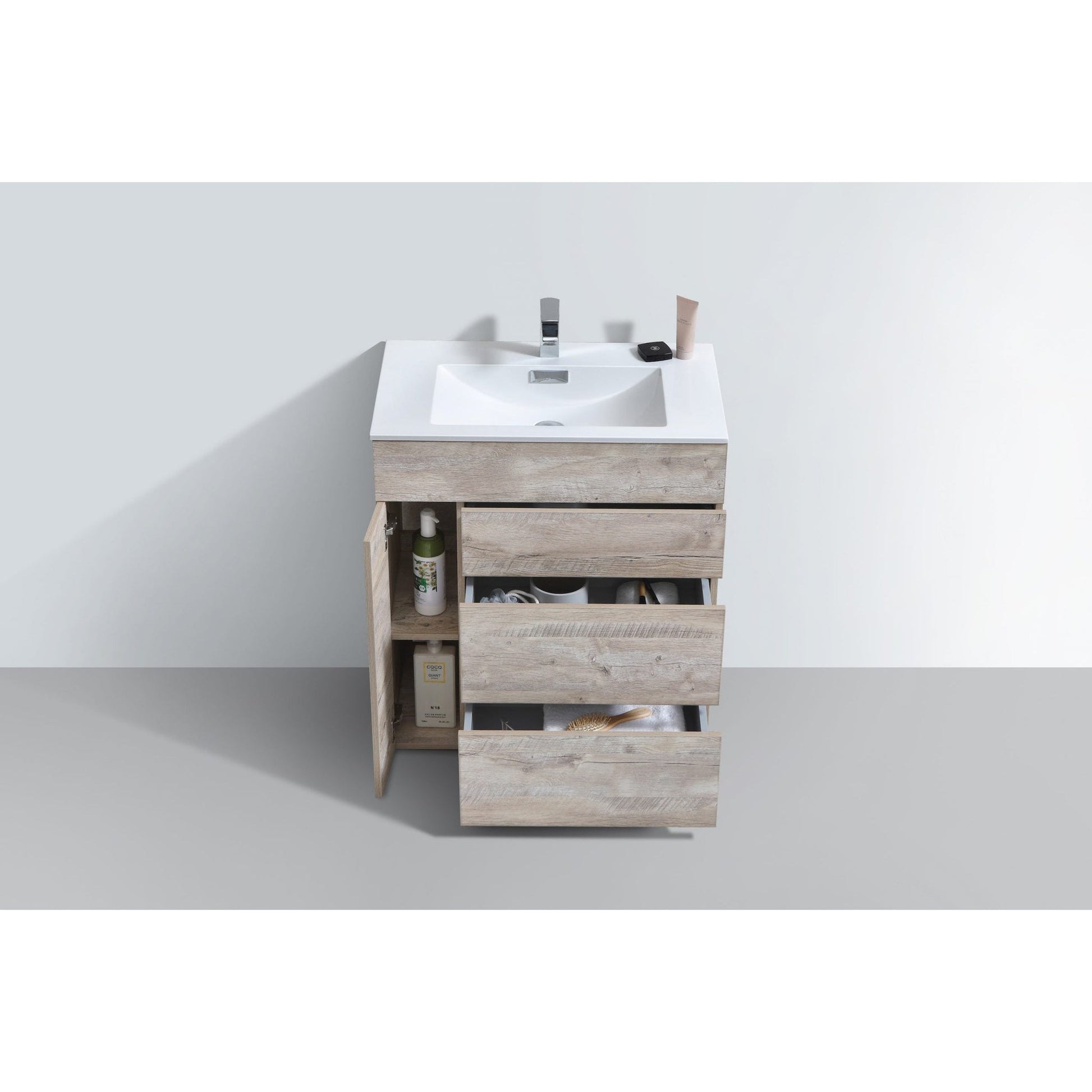 KubeBath Milano 30" Nature Wood Freestanding Modern Bathroom Vanity With Aluminum Kick Plate & Acrylic Composite Integrated Sink With Overflow