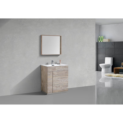 KubeBath Milano 30" Nature Wood Freestanding Modern Bathroom Vanity With Aluminum Kick Plate & Acrylic Composite Integrated Sink With Overflow and 30" Wood Framed Mirror With Shelf