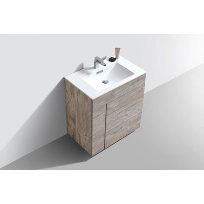 KubeBath Milano 30" Nature Wood Freestanding Modern Bathroom Vanity With Aluminum Kick Plate & Acrylic Composite Integrated Sink With Overflow and 30" Wood Framed Mirror With Shelf