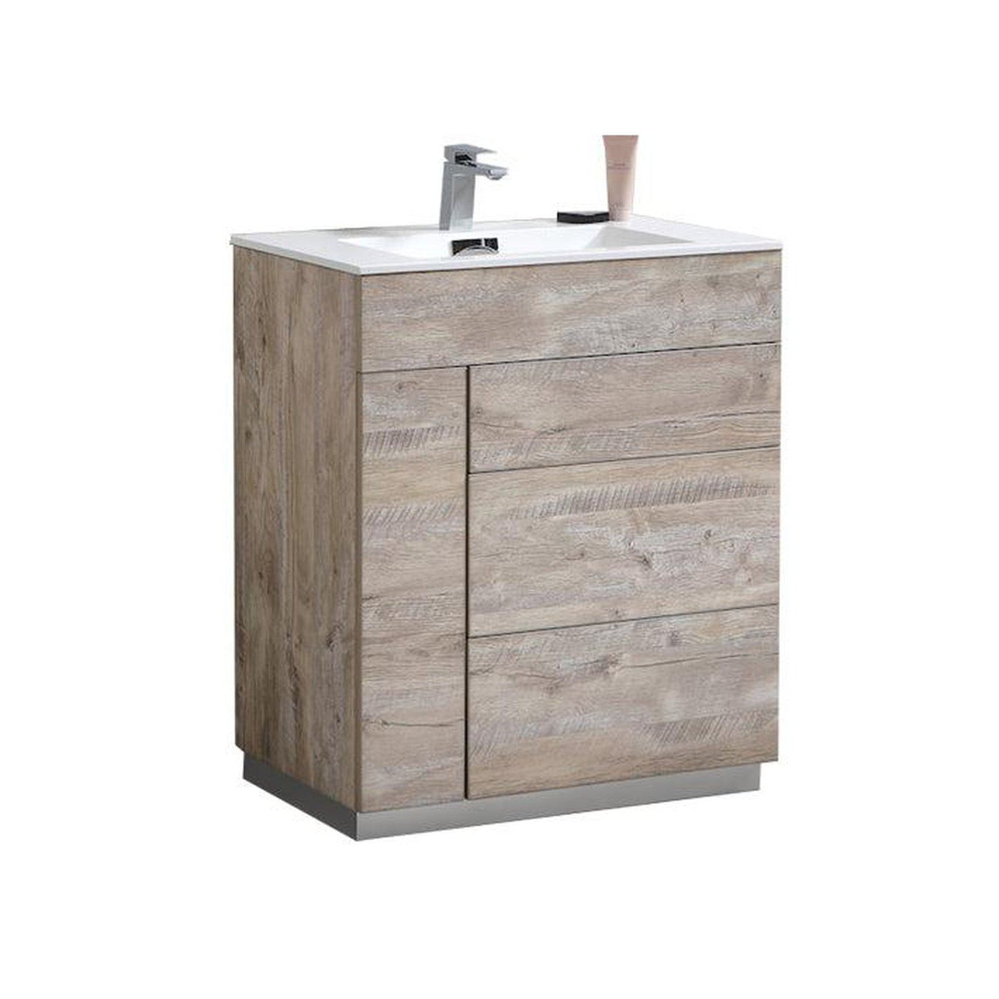 KubeBath Milano 30" Nature Wood Freestanding Modern Bathroom Vanity With Aluminum Kick Plate & Acrylic Composite Integrated Sink With Overflow and 30" Wood Framed Mirror With Shelf