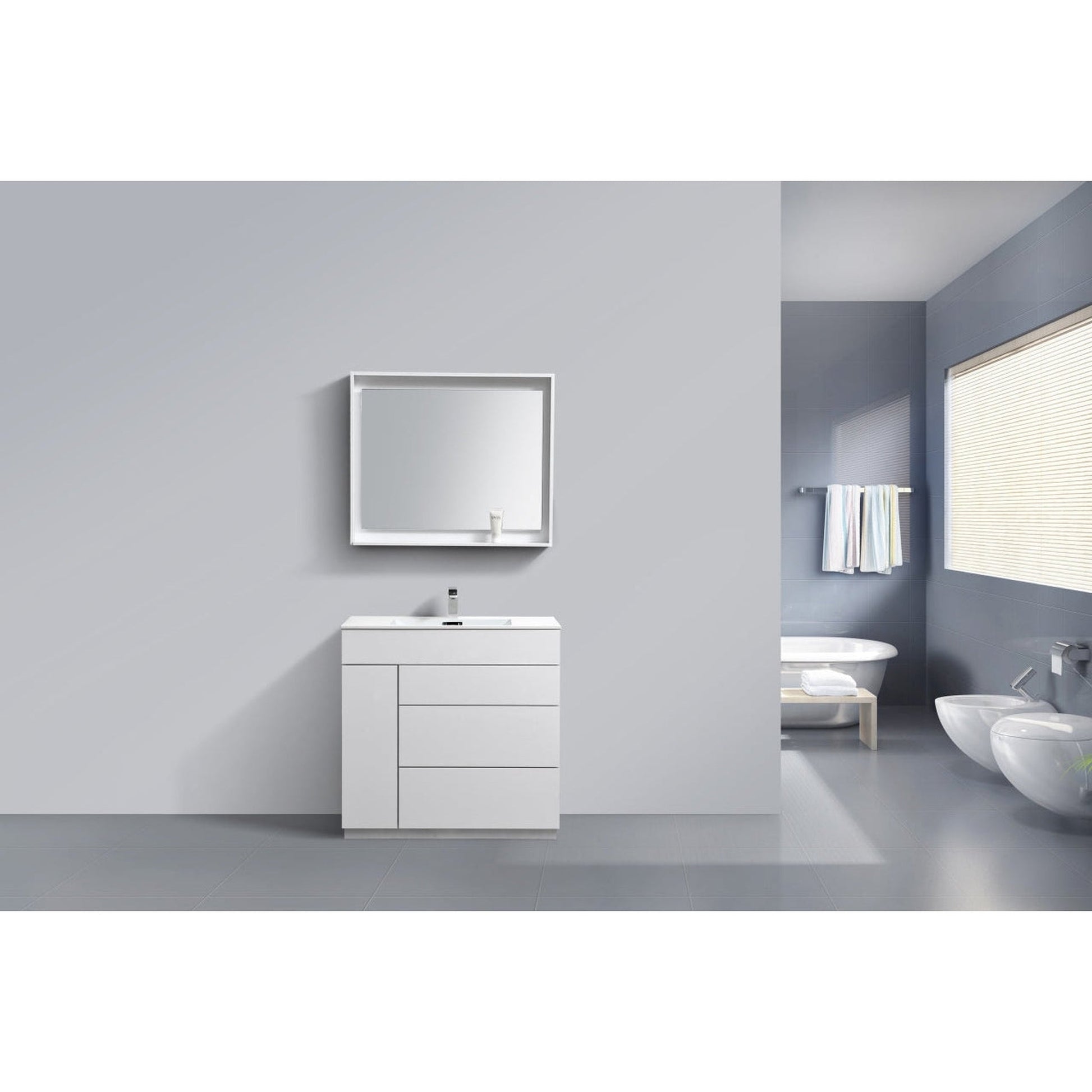 KubeBath Milano 36" High Gloss White Freestanding Modern Bathroom Vanity With Aluminum Kick Plate & Acrylic Composite Integrated Sink With Overflow