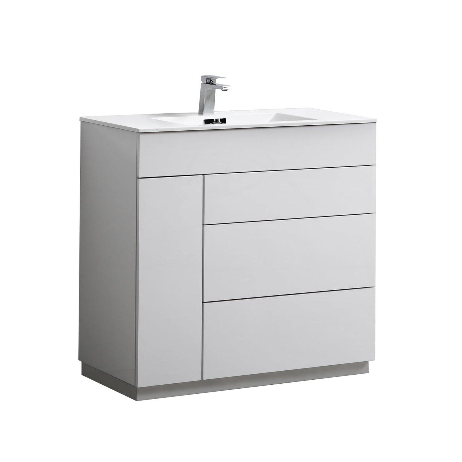 KubeBath Milano 36" High Gloss White Freestanding Modern Bathroom Vanity With Aluminum Kick Plate & Acrylic Composite Integrated Sink With Overflow