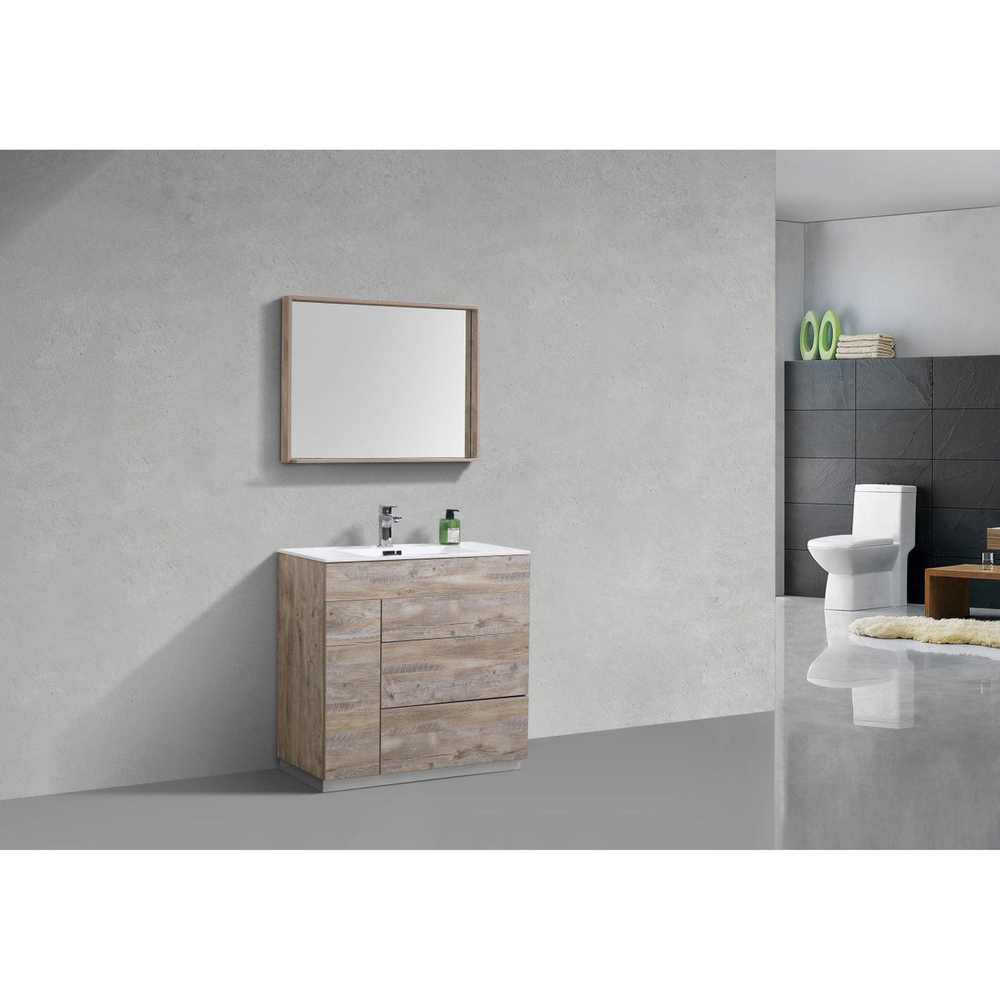 KubeBath Milano 36" Nature Wood Freestanding Modern Bathroom Vanity With Aluminum Kick Plate & Acrylic Composite Integrated Sink With Overflow