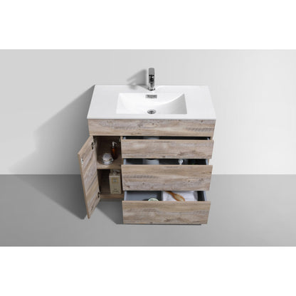 KubeBath Milano 36" Nature Wood Freestanding Modern Bathroom Vanity With Aluminum Kick Plate & Acrylic Composite Integrated Sink With Overflow