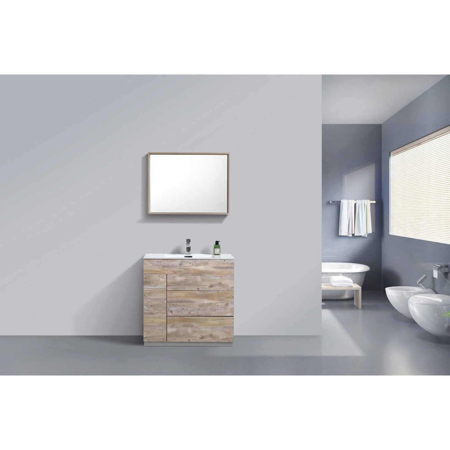 KubeBath Milano 36" Nature Wood Freestanding Modern Bathroom Vanity With Aluminum Kick Plate & Acrylic Composite Integrated Sink With Overflow and 36" Wood Framed Mirror With Shelf