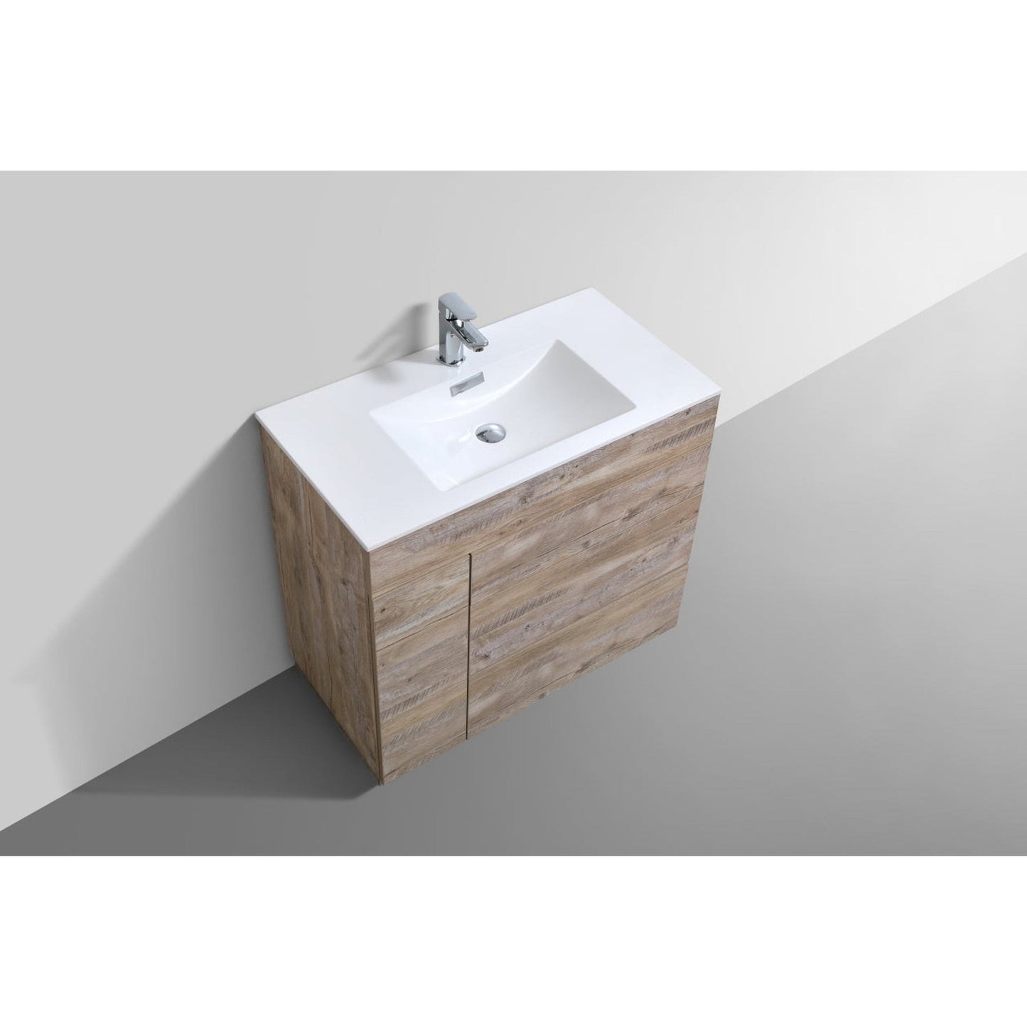 KubeBath Milano 36" Nature Wood Freestanding Modern Bathroom Vanity With Aluminum Kick Plate & Acrylic Composite Integrated Sink With Overflow and 36" Wood Framed Mirror With Shelf