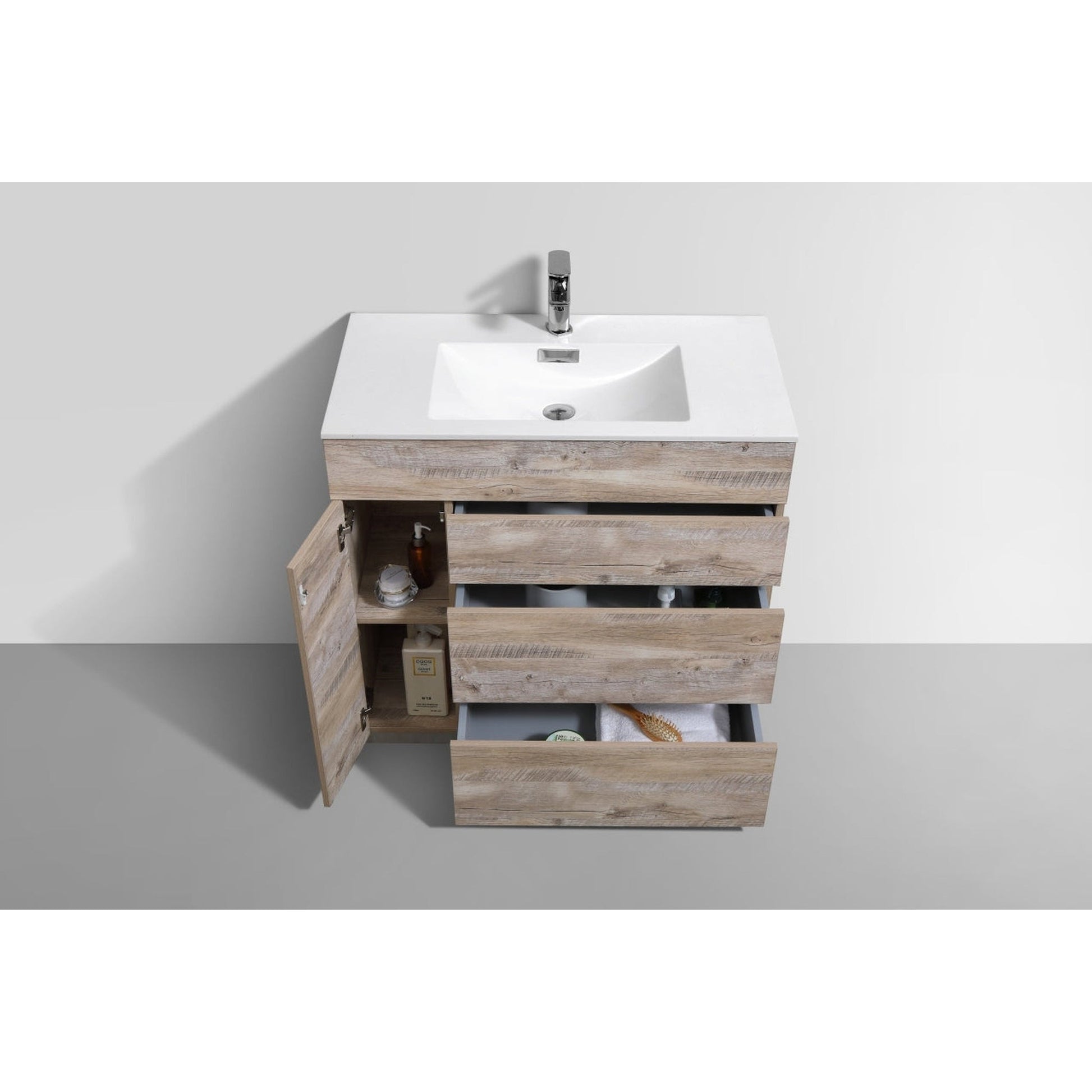 KubeBath Milano 36" Nature Wood Freestanding Modern Bathroom Vanity With Aluminum Kick Plate & Acrylic Composite Integrated Sink With Overflow and 36" Wood Framed Mirror With Shelf