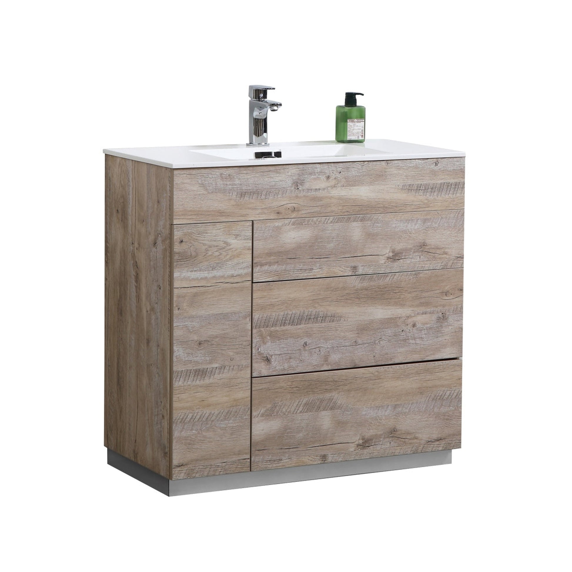 KubeBath Milano 36" Nature Wood Freestanding Modern Bathroom Vanity With Aluminum Kick Plate & Acrylic Composite Integrated Sink With Overflow and 36" Wood Framed Mirror With Shelf