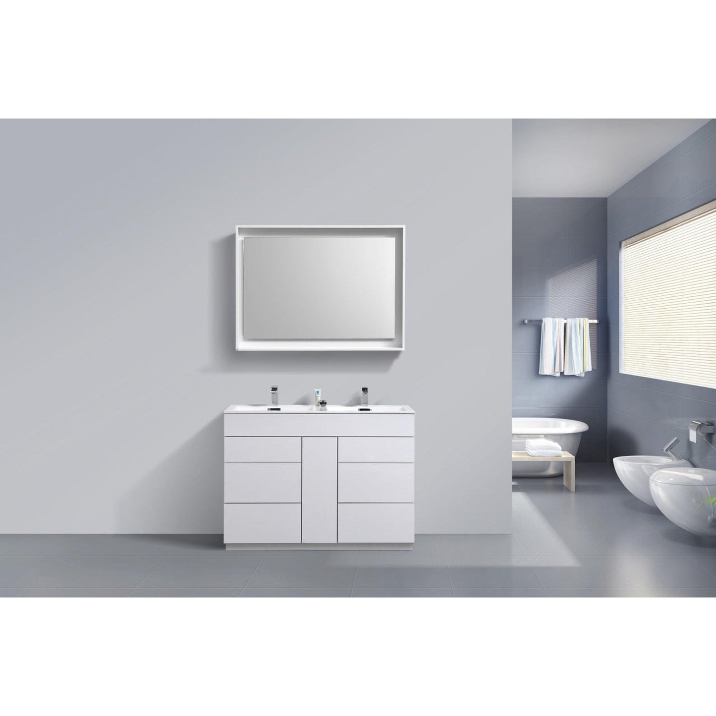 KubeBath Milano 48" High Gloss White Freestanding Modern Bathroom Vanity With Double Integrated Acrylic Sink With Overflow