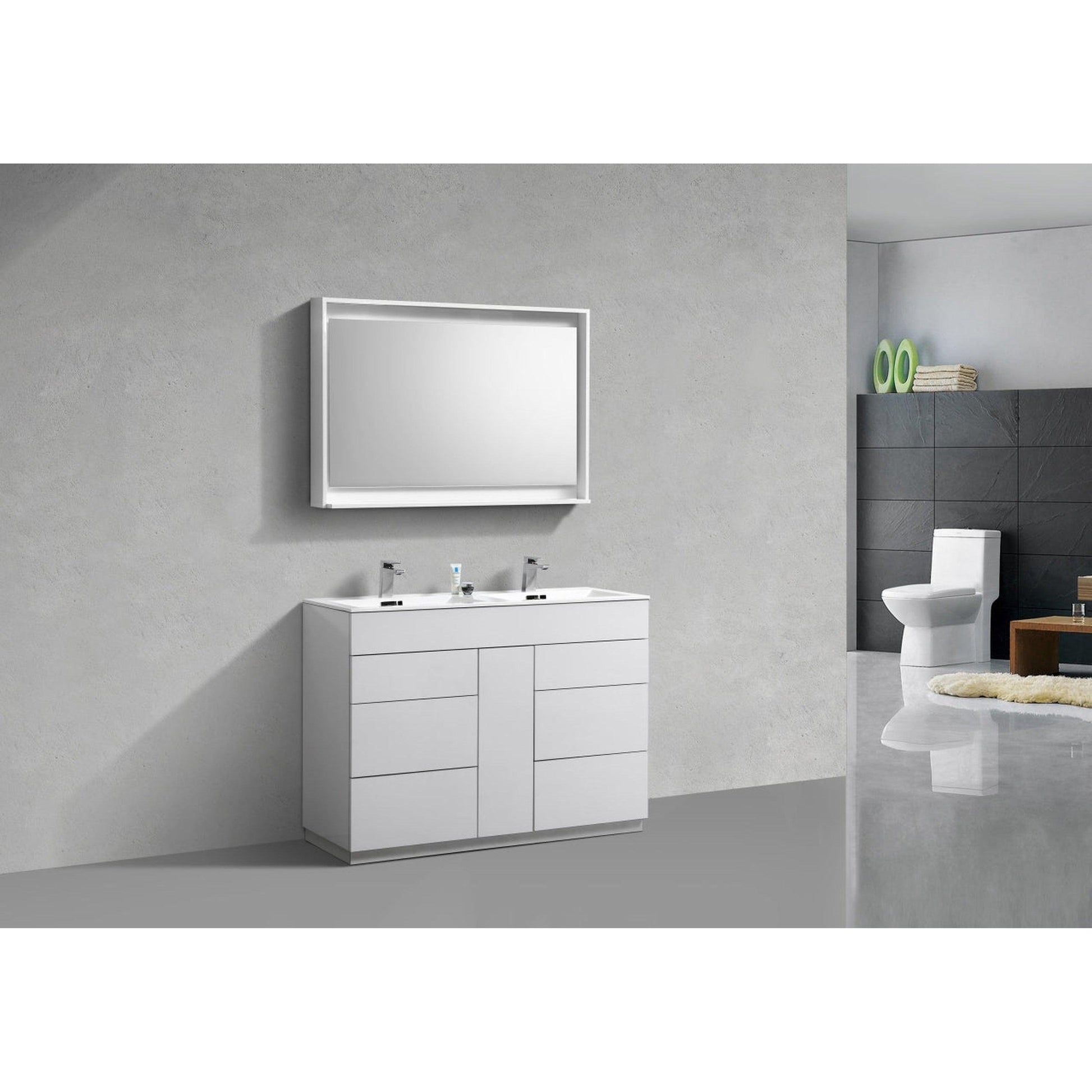 KubeBath Milano 48" High Gloss White Freestanding Modern Bathroom Vanity With Double Integrated Acrylic Sink With Overflow