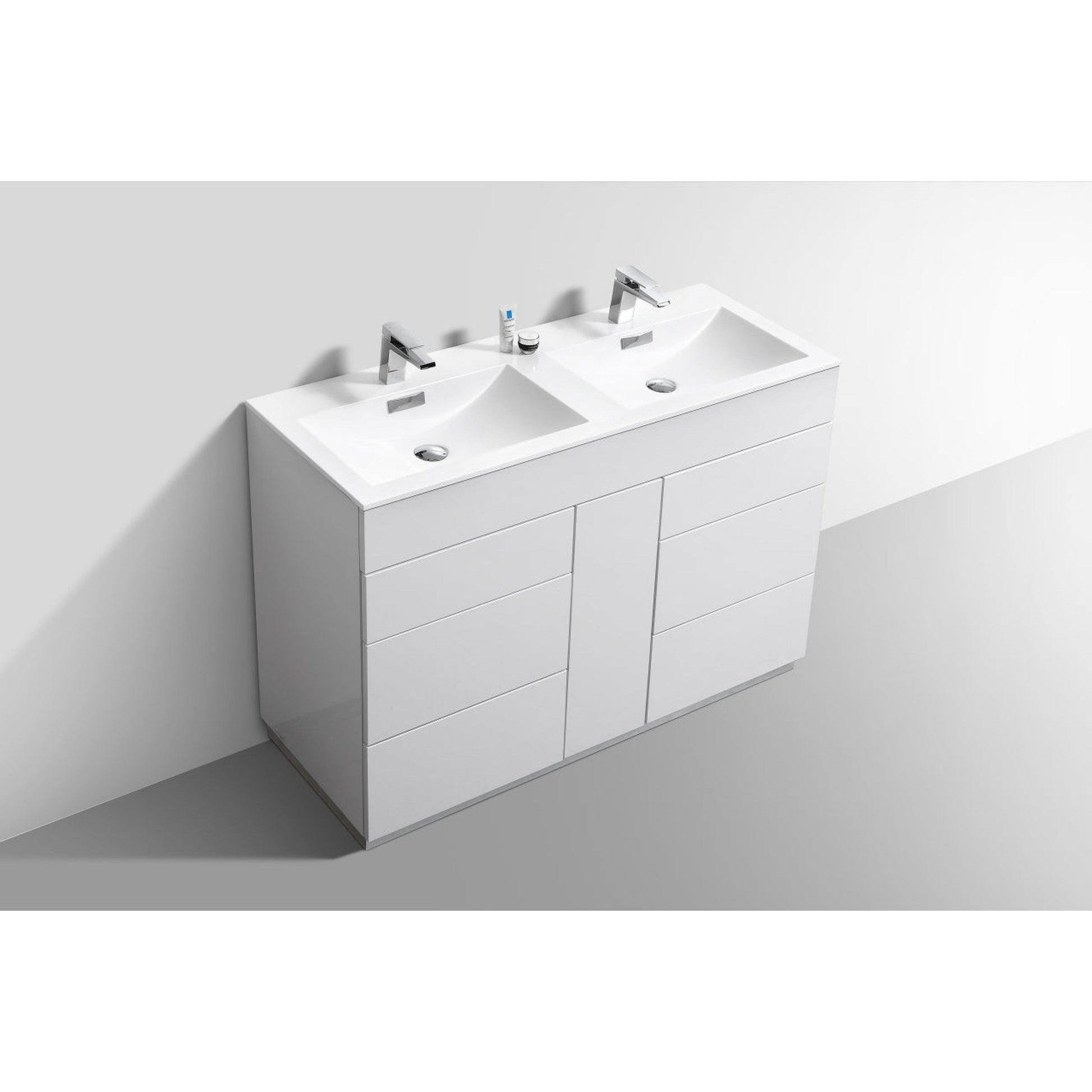 KubeBath Milano 48" High Gloss White Freestanding Modern Bathroom Vanity With Double Integrated Acrylic Sink With Overflow